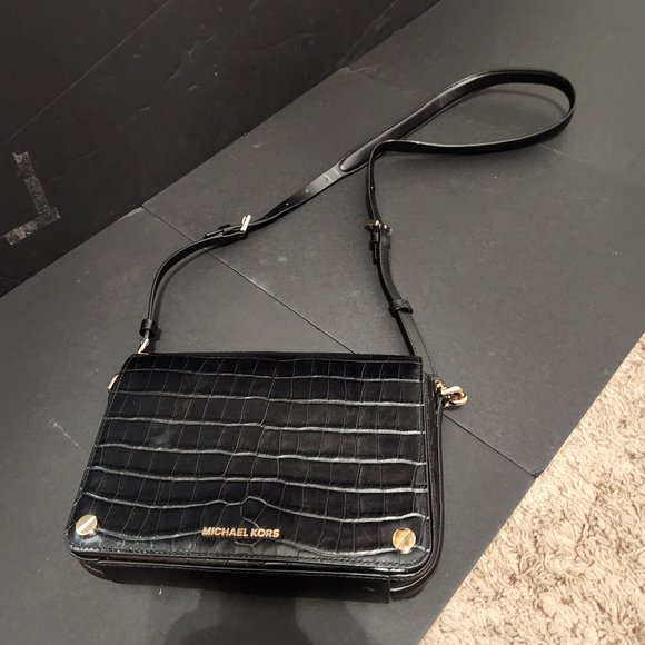 Michael Kors Crocodile-embossed Jet Set Small Full Flap Crossbody Black - Picture 1 of 4